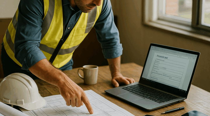 ChatGPT for construction — project manager reviewing blueprints and laptop in jobsite office.