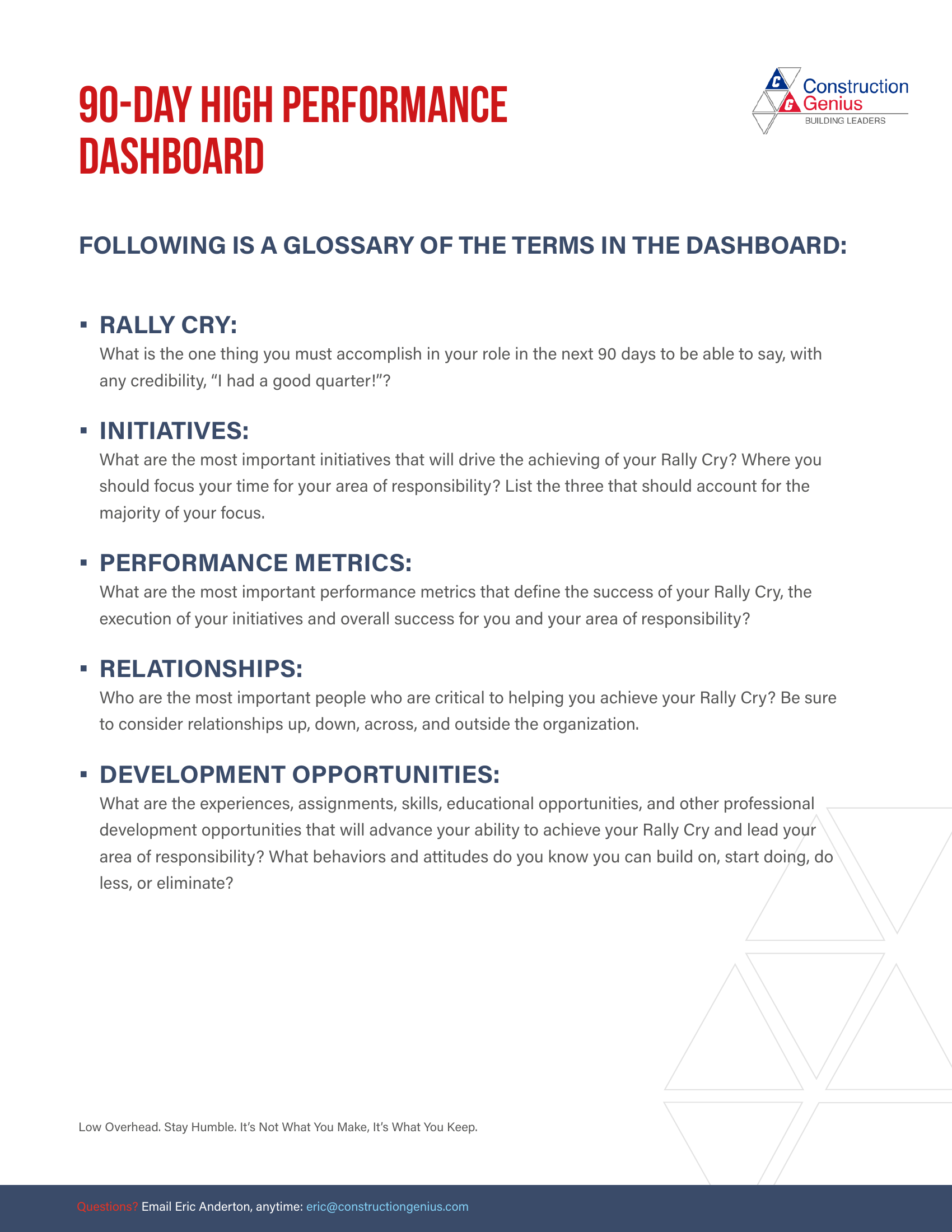 90-Day High Performance Dashboard from Construction Genius showing five areas: Rally Cry, Initiatives, Performance Metrics, Key Relationships, and Development Opportunities