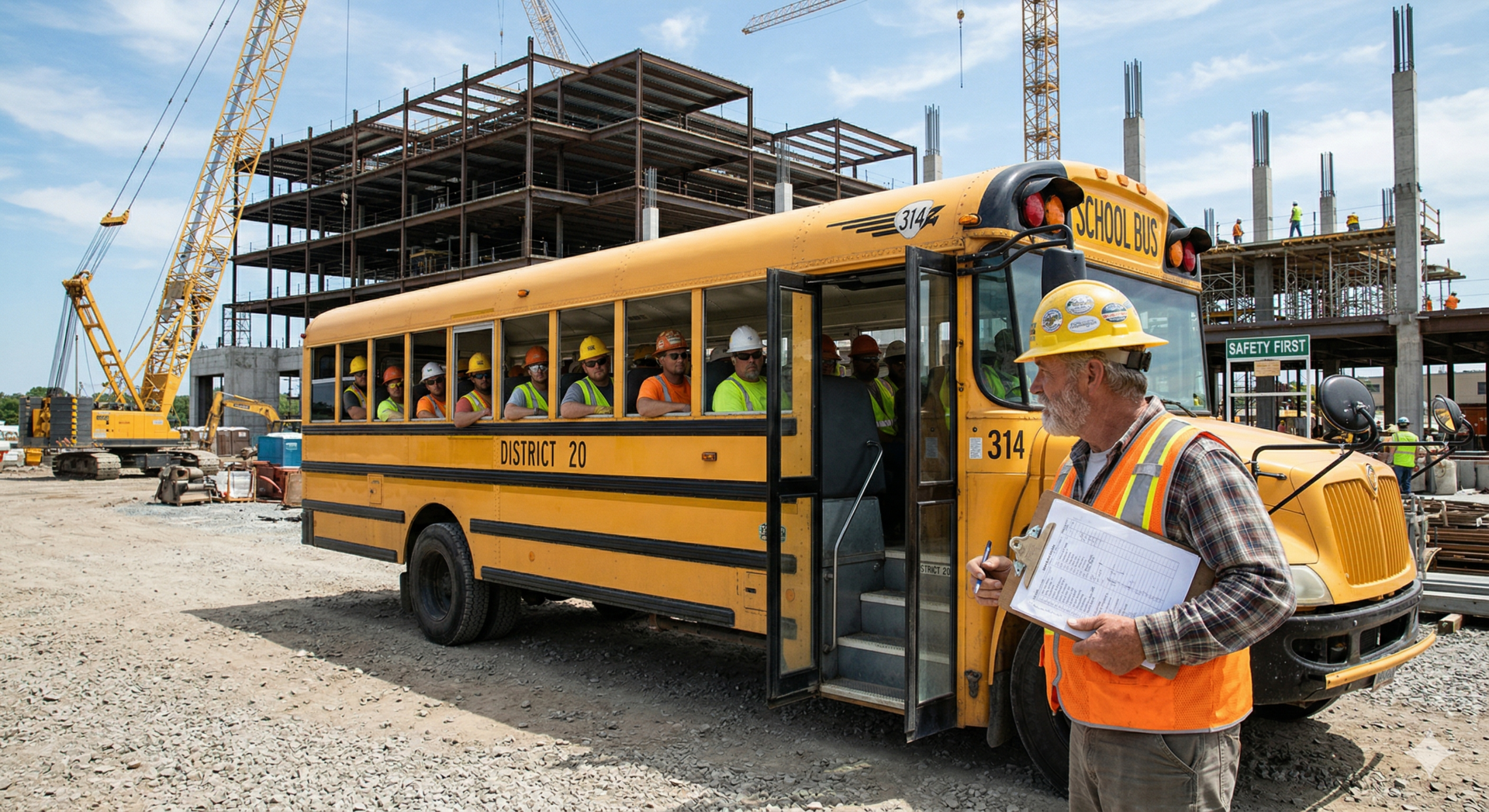 Construction workers wearing hard hats sitting inside a yellow school bus at a jobsite with a crane in the background
